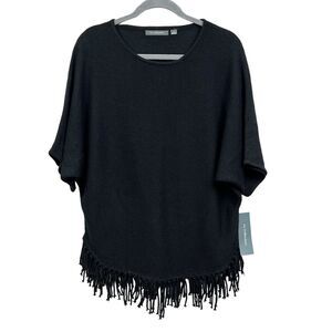 NY Collection Womens Tunic Sweater Round Neck Fringe‎ Hem Short Sleeves Black S